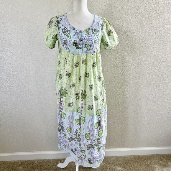 Vintage Loungees Small Green Blue Floral Mumu House Sleep Dress Kaftan Pockets - Picture 1 of 11